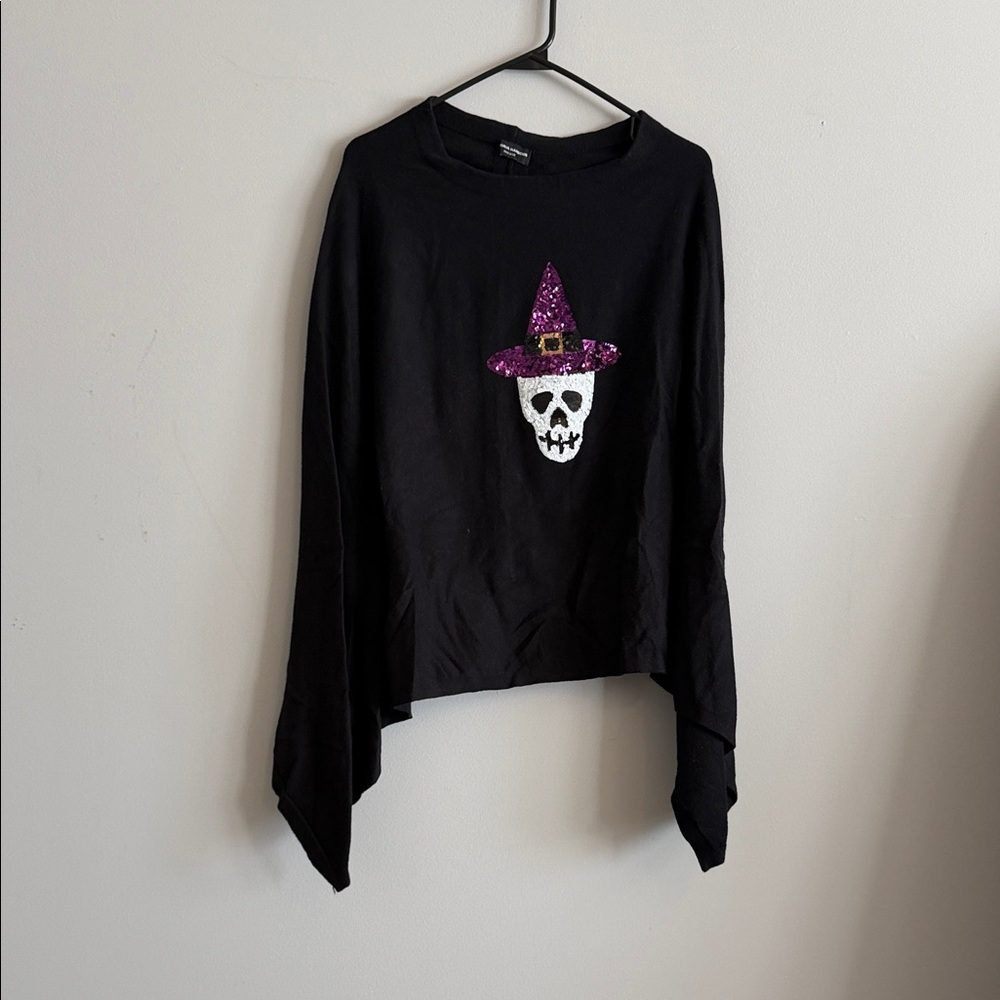 Black Women's Halloween Skull Pullover with Purple Sequin Witch Hat